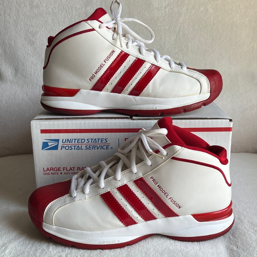 Adidas Pro Model Fusion, White Leather With Red Stripes, Size 9.5